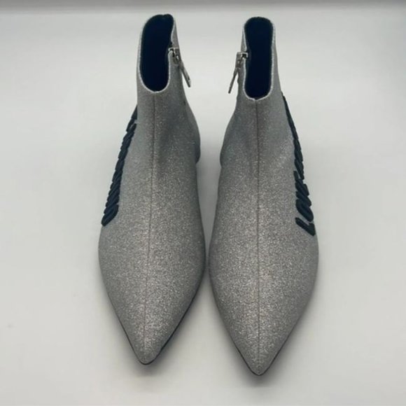 Brand New Women's Sz 38 M Love Moschino Argento Glitter Pointed Toe Booties - Picture 4 of 6